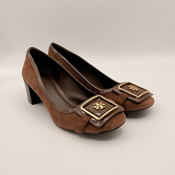 Tory Burch Brown Suede Block Heel Pumps Gold Logo Buckle Classic Size 11 - Picture 6 of 12